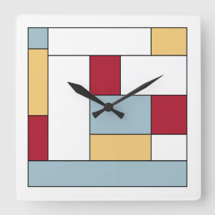 Red Blue Yellow Colour Block Mid Century Squares Square Wall Clock