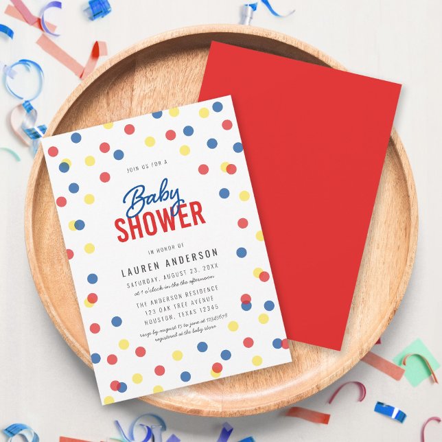 Red Blue Yellow Confetti Baby Shower Invitation (Creator Uploaded)