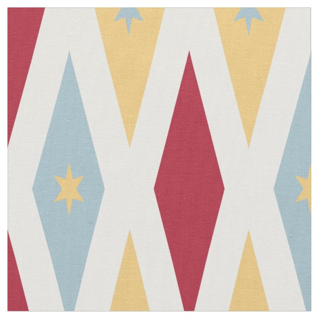 Red Blue Yellow Diamonds and Stars Mid Century Fabric (Close Up)