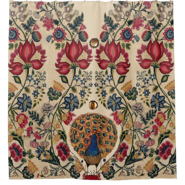 RED BLUE YELLOW FLOWERS AND PEACOCK Antique Floral Shower Curtain (Front)