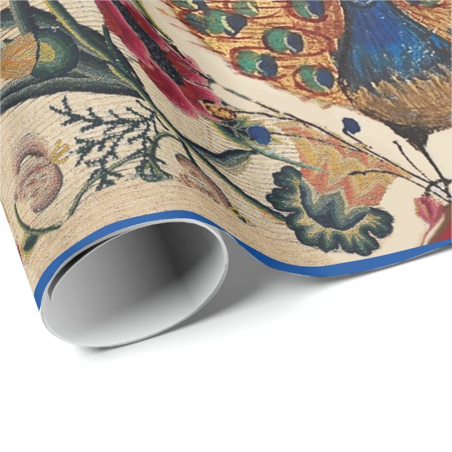 RED BLUE YELLOW FLOWERS AND PEACOCK Antique Floral Wrapping Paper (Roll Corner)