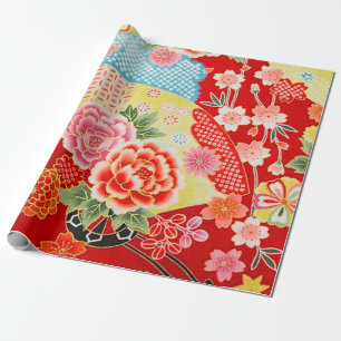 Red Blue Yellow Japanese Kimono Floral Decoupage  Wrapping Paper