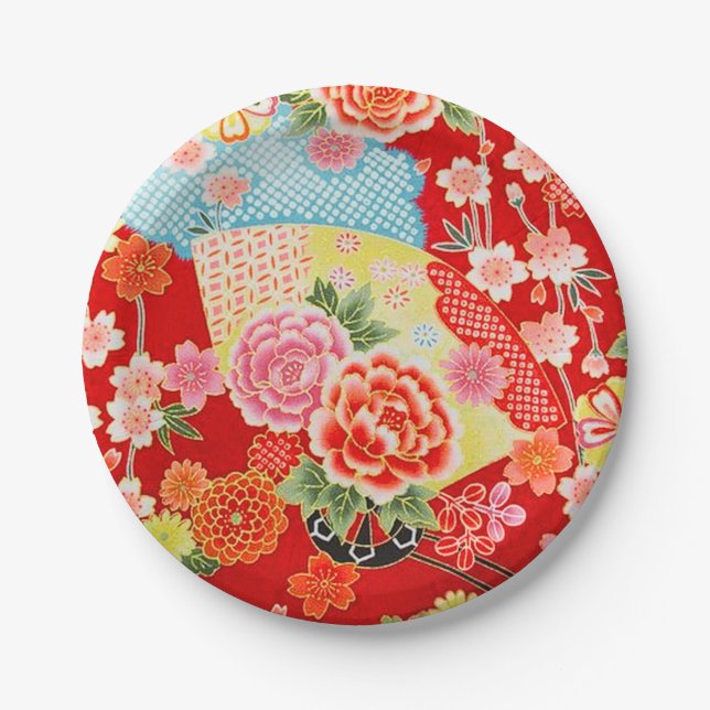Red Blue Yellow Japanese Kimono Floral Flower Paper Plate (Front)
