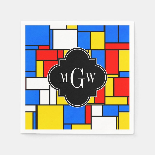 Red Blue Yellow Mondrian Blk Quatrefoil 3 Monogram Napkin (Front)