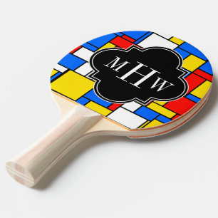 Red Blue Yellow Mondrian Blk Quatrefoil 3 Monogram Ping Pong Paddle