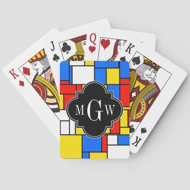 Red Blue Yellow Mondrian Blk Quatrefoil 3 Monogram Playing Cards (Back)