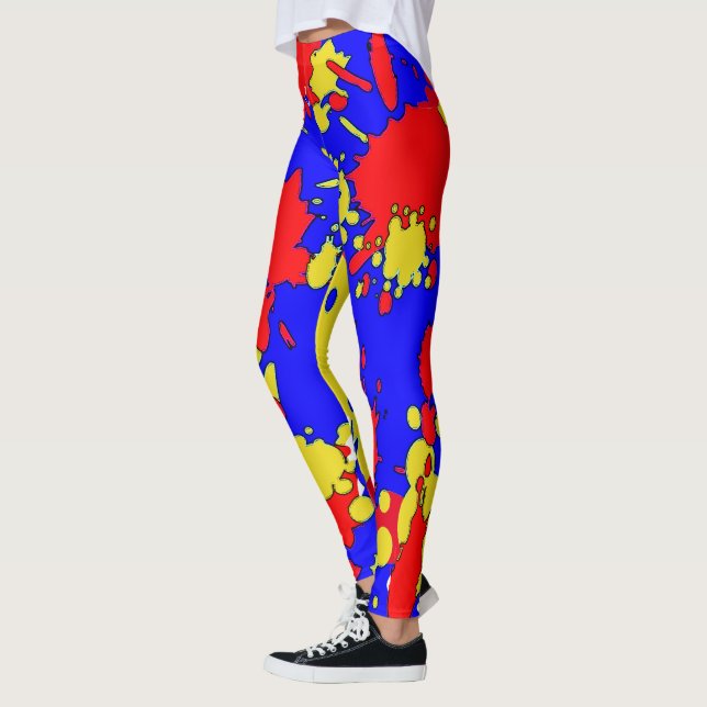 Red Blue Yellow Paint Splatters Abstract Leggings (Left)