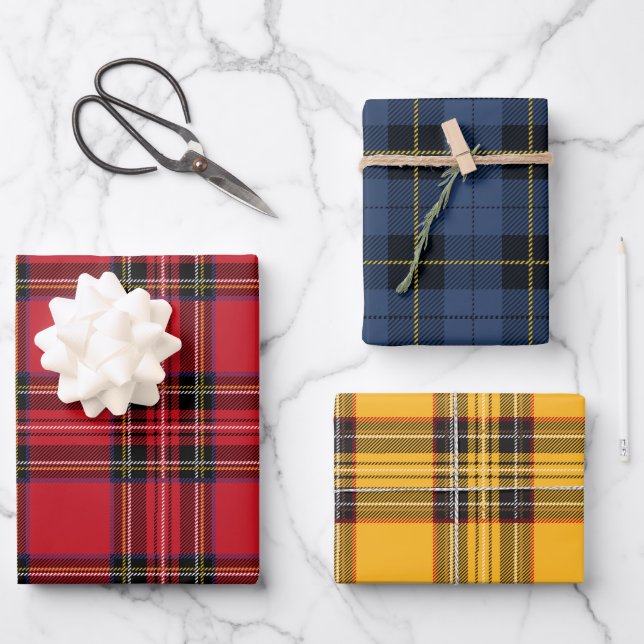Red, Blue, & Yellow Plaid Wrapping Paper Sheet Set (Front)
