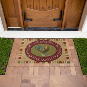 Red Blue Yellow Rooster On Faux Jute Burlap Doormat