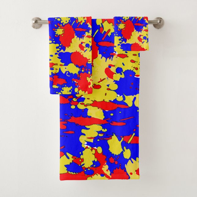 Red Blue Yellow Splatters Abstract Bath Towel Set (Insitu)