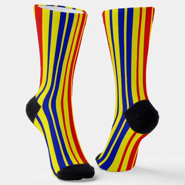 Red Blue Yellow Stripes Pattern Design  Socks (Angled)