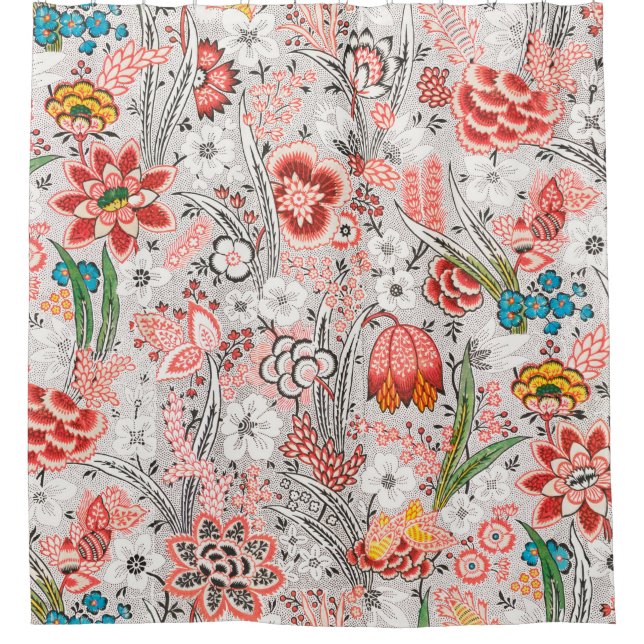 RED BLUE YELLOW WILD FLOWERS TULIPS,LEAVES FLORAL SHOWER CURTAIN (Front)
