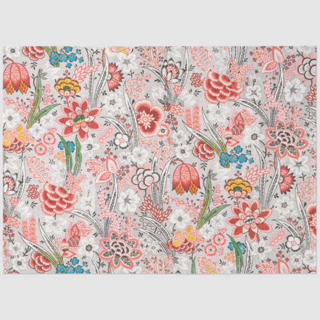 RED BLUE YELLOW WILD FLOWERS TULIPS,LEAVES FLORAL  TISSUE PAPER (Front)