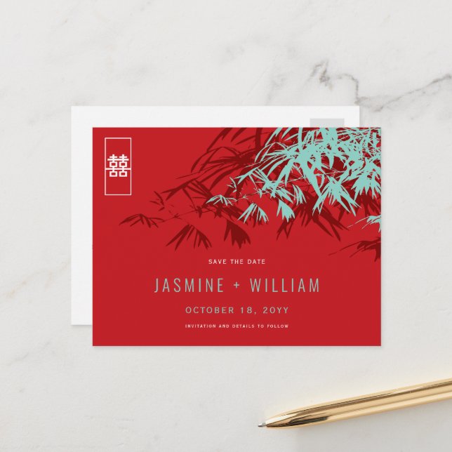 Red Blue Zen Bamboo Chinese Wedding Save The Date Announcement Postcard (Front/Back In Situ)