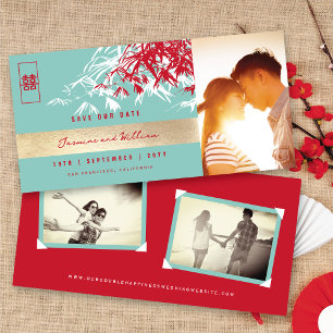 Red Blue Zen Bamboo Leaves Photo Chinese Wedding Save The Date