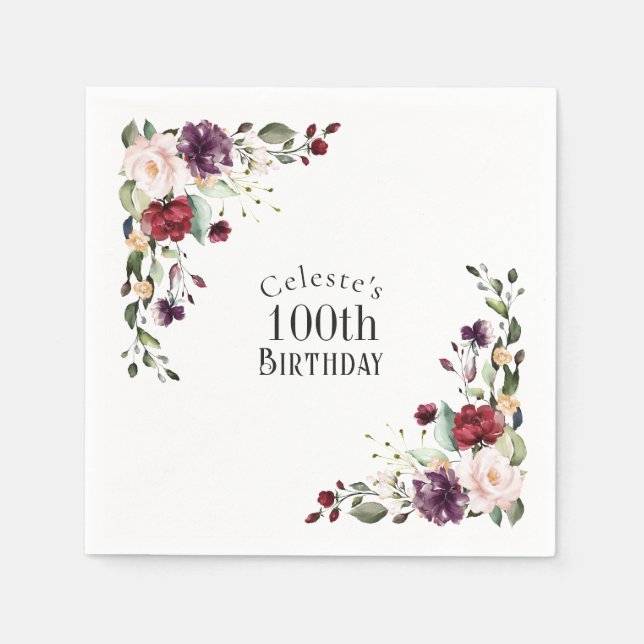 Red Blush and Purple Elegant Floral 100th Birthday Napkin (Front)