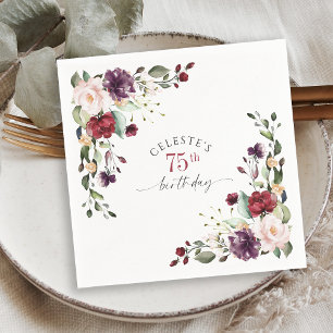 Red Blush and Purple Elegant Floral 75th Birthday Napkin