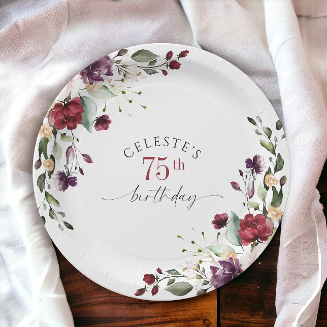 Red Blush and Purple Elegant Floral 75th Birthday Paper Plate (Creator Uploaded)
