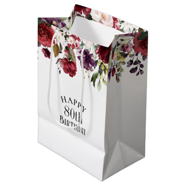 Red Blush and Purple Elegant Floral 80th Birthday Medium Gift Bag (Front Angled)