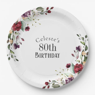 Red Blush and Purple Elegant Floral 80th Birthday Paper Plate