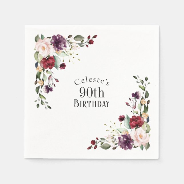Red Blush and Purple Elegant Floral 90th Birthday Napkin (Front)