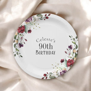 Red Blush and Purple Elegant Floral 90th Birthday Paper Plate