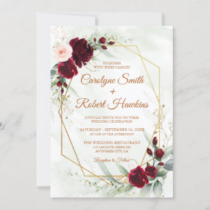 Red Blush Burgundy Gold Geometric Greenery Wedding Invitation