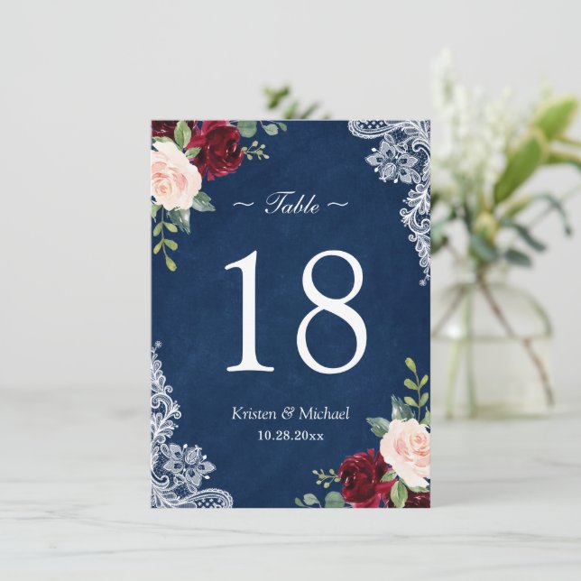 Red Blush Floral Navy Blue Wedding Table Number (Standing Front)