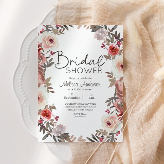 Red Blush Floral Roses Bridal Shower Invitation (Creator Uploaded)