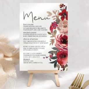 Red Blush Floral Roses Romantic Wedding Menu
