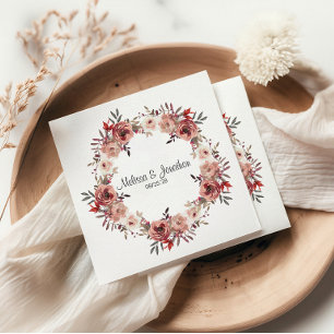 Red Blush Floral Roses Romantic Wedding Napkin