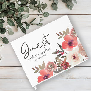 Red Blush Floral Roses Wedding Guest Book