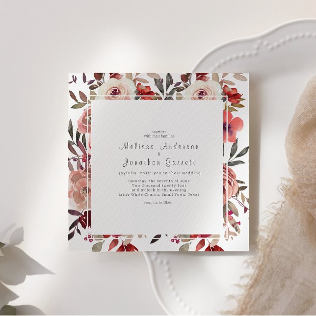 Red Blush Floral Roses Wedding Invitation (Creator Uploaded)