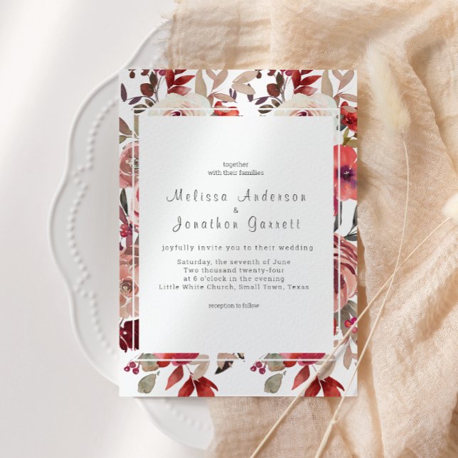 Red Blush Floral Roses Wedding Invitation (Creator Uploaded)