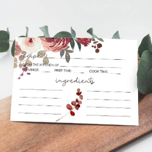 Red Blush Floral Roses Wedding Recipe Card