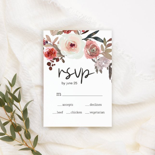 Red Blush Floral Roses Wedding RSVP Card (Creator Uploaded)