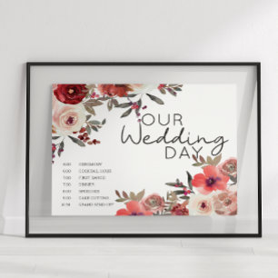 Red Blush Floral Roses Wedding Schedule Poster