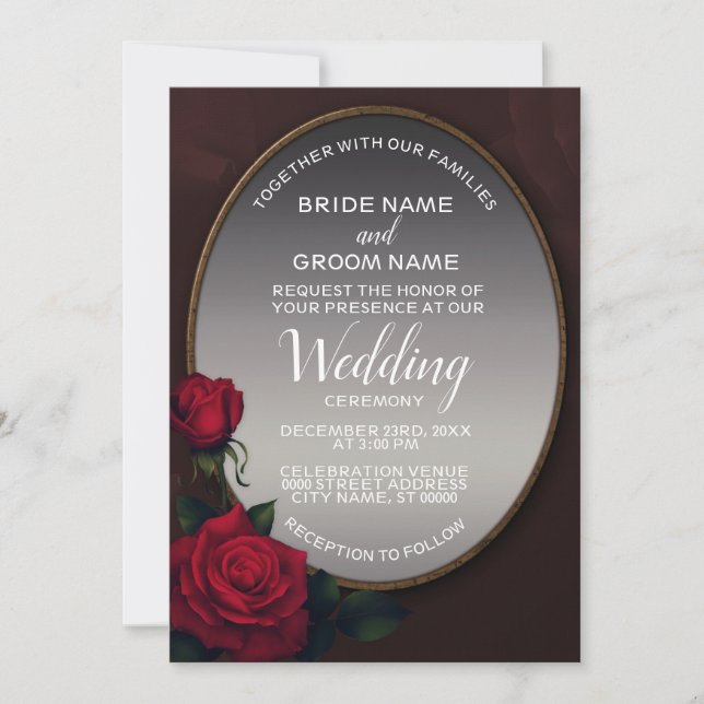 Red Blush Floral Silver Gray Mirror Wedding Invitation (Front)