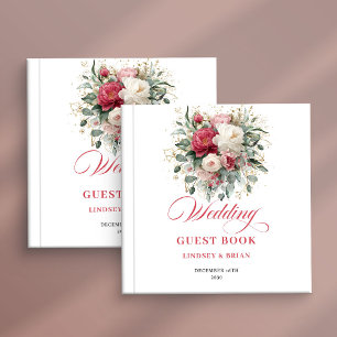 Red blush floral wedding guest book sign please 