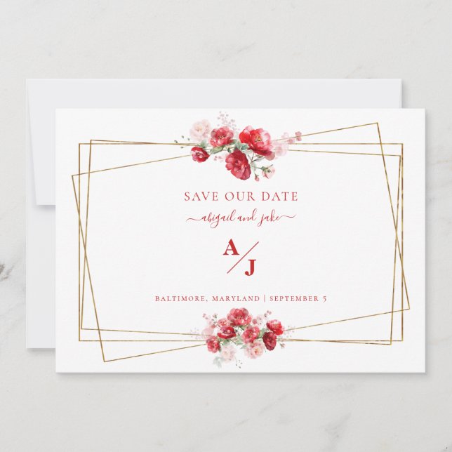  Red & Blush Floral Wedding Save our Date Save The Date (Front)