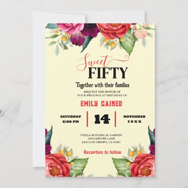 Red Blush Navy Blue Floral Botanical Birthday Invitation (Front)