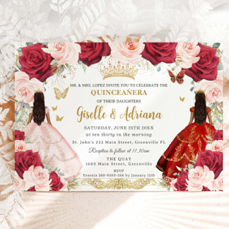 Red Blush Pink Floral Twins Gold Quinceañera Invitation