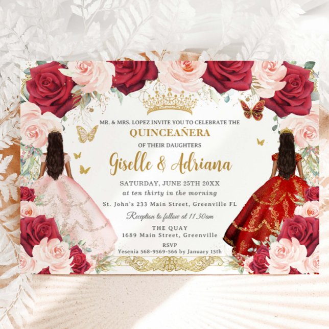 Red Blush Pink Floral Twins Gold Quinceañera Invitation (Creator Uploaded)