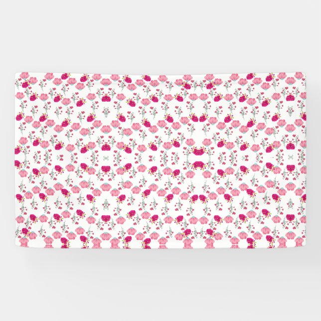Red & Blush Pink Symmetrical Floral Garden Pattern Banner (Horizontal)
