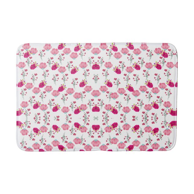 Red & Blush Pink Symmetrical Floral Garden Pattern Bath Mat (Front)