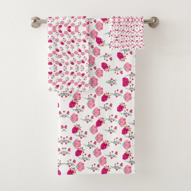 Red & Blush Pink Symmetrical Floral Garden Pattern Bath Towel Set (Insitu)