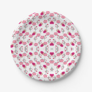 Red & Blush Pink Symmetrical Floral Garden Pattern Paper Plate