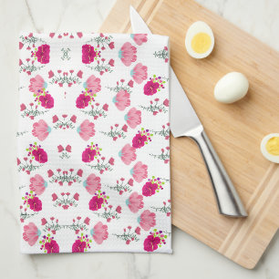 Red & Blush Pink Symmetrical Floral Garden Pattern Tea Towel
