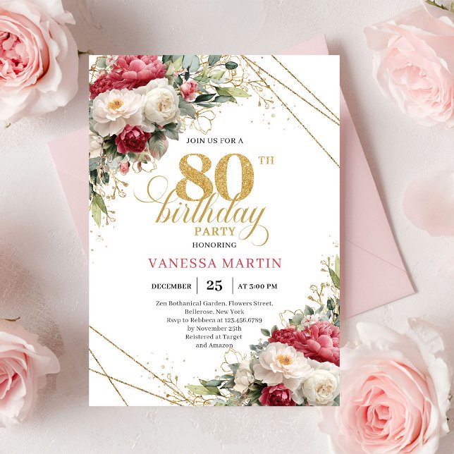 Red blush roses 80th birthday invitation with gold (Red blush roses 80th birthday invitation with gold accents

)