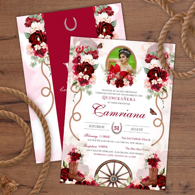 Red & Blush Western Charro Add Photo Quinceanera Invitation (Creator Uploaded)